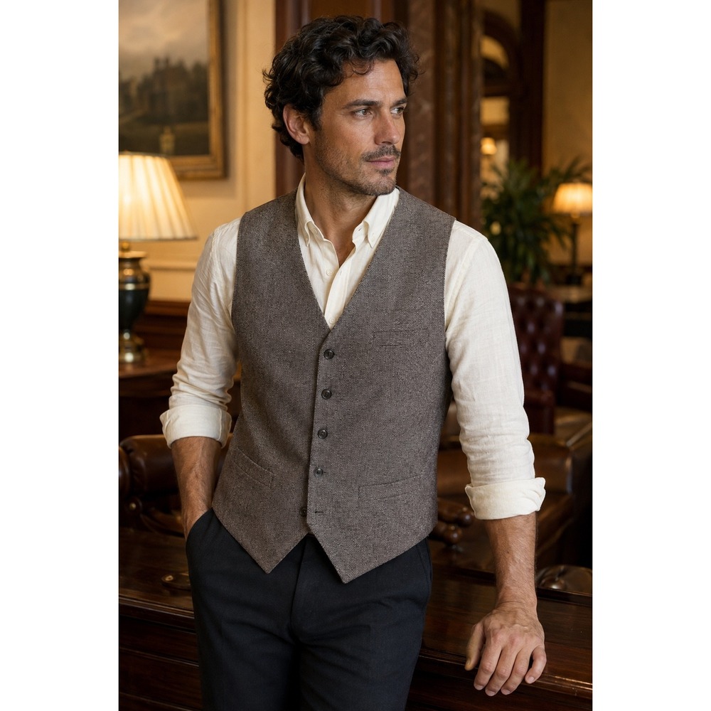 Joseph Abboud Brown Wool Textured Vest Gingham Lining Dark Academia M Preppy